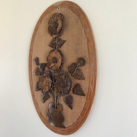 Coconut Shell 3D Flower Wooden Wall Hanging Vintage Neutral Boho Decor 9.5x13.5" - Picture 7 of 7